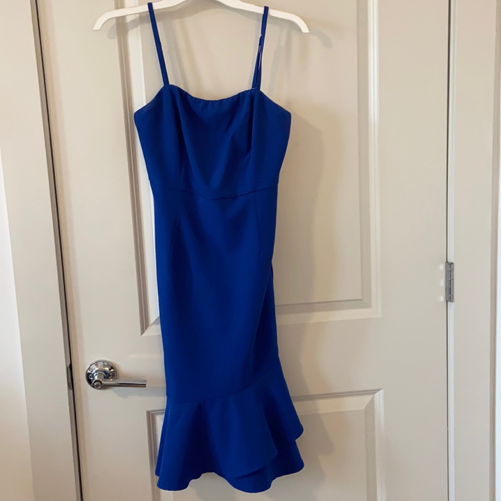 Lulus blue midi dress with ruffle.
